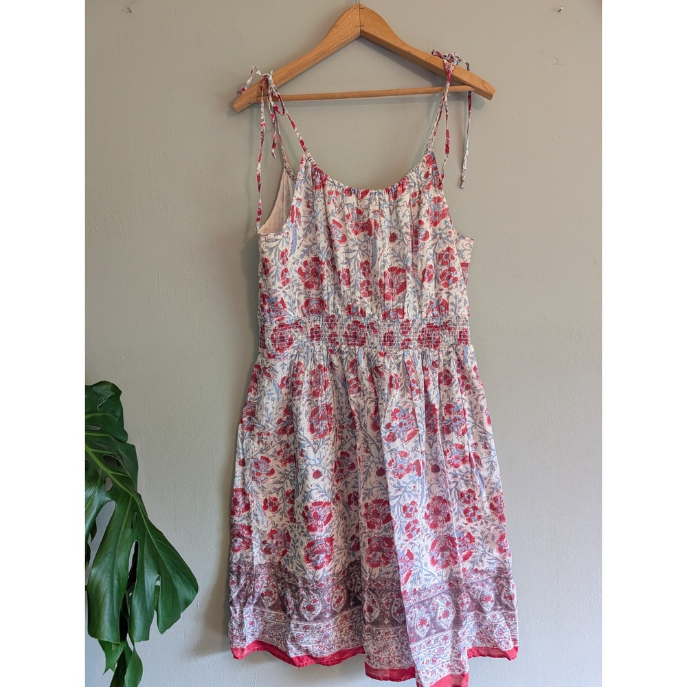American Eagle Floral Smocked Sun Dress Red Blue Size 8‎ Boho Tie Strap Festival